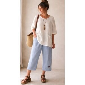 Sea Breeze Womens Textured Cotton Capri Pants Blue Size S Lagenlook Artsy